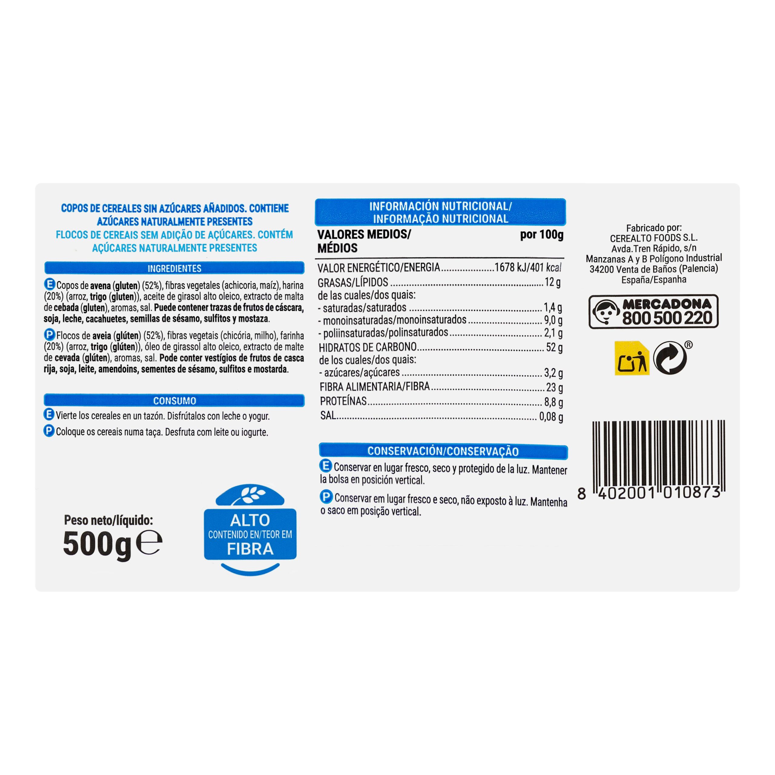 Etiqueta Muesli Crunchy Hacendado 0% azúcares añadidos 0% edulcorantes